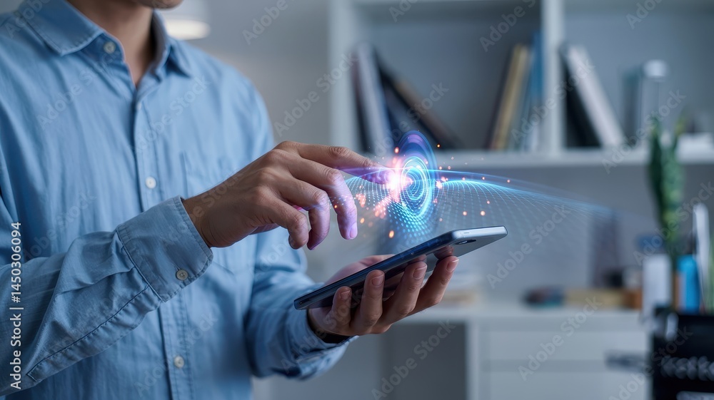 Poster close-up of person interacting with a tablet displaying digital energy flow.