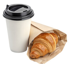 Takeaway coffee cup with black plastic lid placed beside a golden-brown croissant partially wrapped in kraft paper, isolated on transparent background.