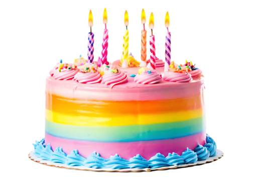 colorful birthday cake with candles isolated on white background PNG - Powered by Adobe