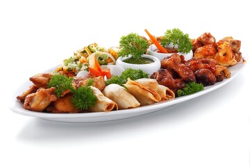Fototapeta premium Appetizing Platter Of Fried Chicken Wings Spring Rolls And Salad On White Background