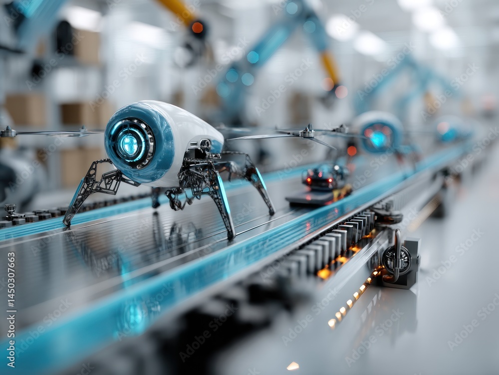 Poster engineers monitor advanced control panels while robotic arms assemble drones in a sleek, sterile fac