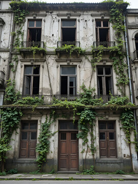 Old worn-down building in Havana with broken windows and crumbling walls covered in vines and moss, abandoned building, overgrowth