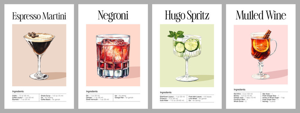 Espresso Martini, Negroni, Hugo Spritz, and Mulled Wine cocktails illustrated in watercolor style with ingredients. Set of four classic drink recipes on pastel backgrounds. Cocktail recipe 
