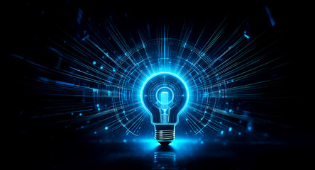 Obraz premium A brilliant blue light bulb radiating light and digital elements, representing innovation and bright ideas in technology.