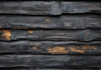 Close-up of charred horizontal wooden planks with knots and cracks.