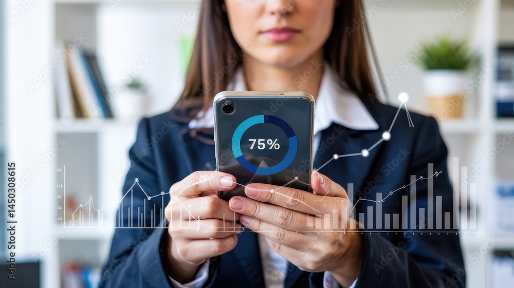 Aufkleber close-up of a person reviewing progress indicators on a mobile device.