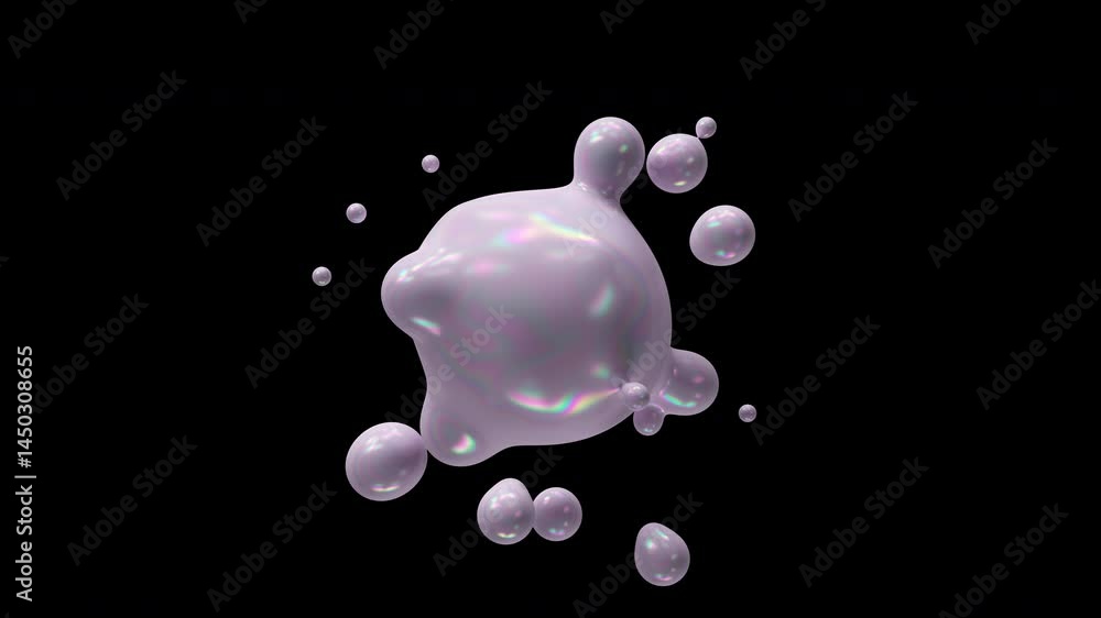 Poster metaball liquid holographic iridescent blobs. 3d rendering abstract multicolor moving flow bubbles, 
