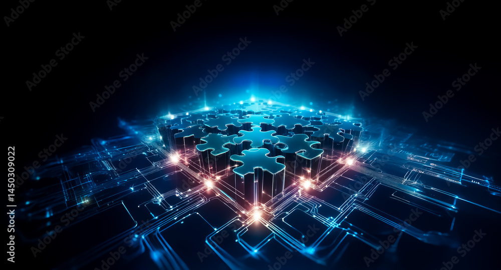 Poster glowing blue puzzle pieces form a cube on a circuit board, representing technological integration an