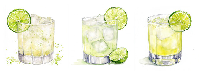 Naklejka na ściany i meble Tommy's Margarita cocktail with lime wheel and ice cubes in transparent glass. Watercolor illustration on white background. Classic tequila and lime sour drink. Summer citrus beverage and Mexican cock