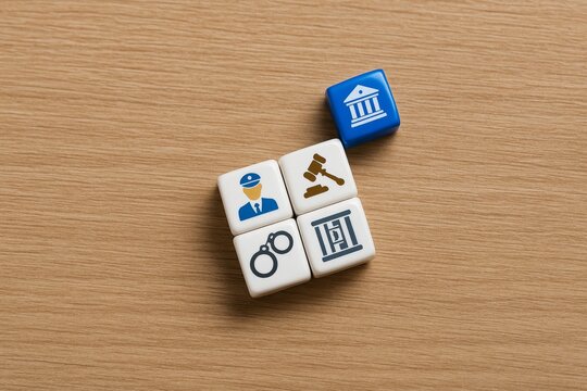 Justice System Legal Concept Cubes Police Officer Gavel Handcuffs Prison Court Building Law Enforcement Criminal Justice Abstract Blocks Wooden Background Legal Theme Symbolic Representation Justice  