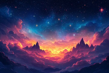 Starry Night Sunset Over Mountains