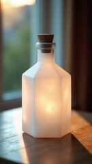 Hexagonal frosted glass bottle with cork stopper on wooden table in soft evening light.