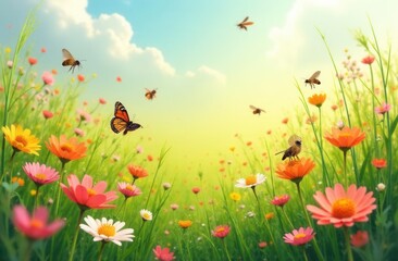 Vibrant meadow with butterflies and bees in sunlit field of colorful flowers