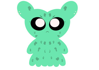 Cute angry cartoon alien character with big eyes and textured green skin. Isolated on transparent background. Fun design for games, stickers, branding, and children's content.