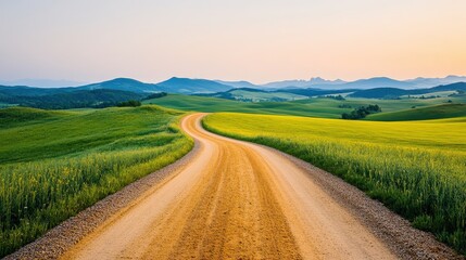 Obraz premium A winding dirt road curves through lush green fields with distant hills under a calm, pastel sky at sunset.
