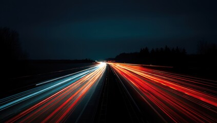 Night highway streaked with vibrant light trails.  Fast-moving vehicles illuminate the dark road