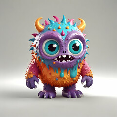 Naklejka premium Small, friendly-looking monster, covered in colorful, sticky goo, stands against a white backdrop, its large, innocent eyes and playful expression creating a captivating scene