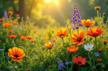 Naklejka premium Vibrant wildflower meadow at sunrise with blooming orange and purple flowers