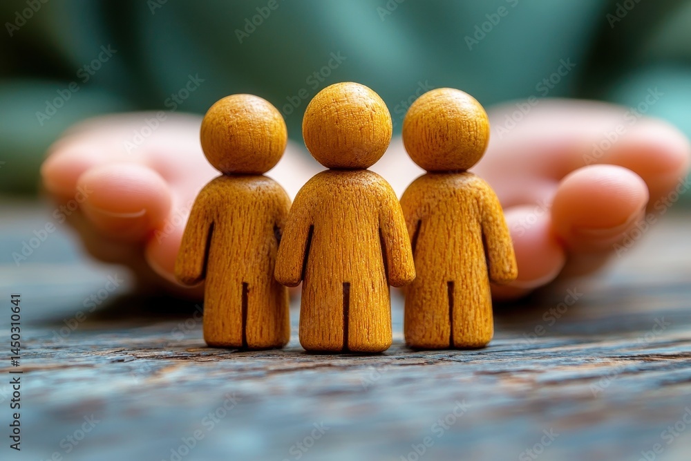 Poster wooden figures symbolizing support and protection with hands in background representing care and nur