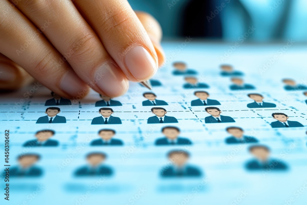 Poster hand holding pen over document featuring multiple businessman illustrations representing corporate h