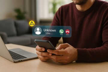 Man Receiving Unknown Incoming Call on Smartphone Device Modern Technology Digital Communication Online Security Privacy Alert Warning Notification Screen Interface User Experience Mobile Phone       