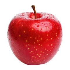 Single, vibrant red apple, glistening with water droplets, displays a slightly bumpy texture