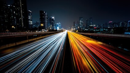 Obraz premium Night city highway with motion blur streaks of lights. Urban traffic, long exposure shot, modern cityscape, illuminated buildings, fast movement