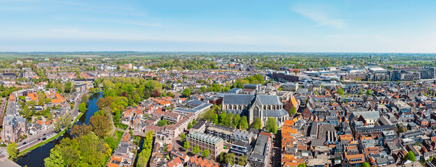 Aerial panorama  from the city Alkmaar with the Great St. Laurens church in the Netherlands