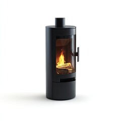 Modern black wood-burning stove.  Cylindrical shape with glass viewing door.  Burning logs visible inside