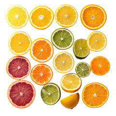 Fototapeta premium Citrus fruit slices arranged in a grid pattern. Variety of colors and shapes. Healthy, vibrant, and appetizing