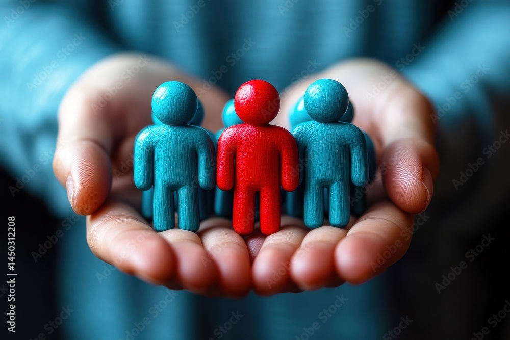 Poster creative representation of diversity and inclusion with colorful figurines held gently, emphasizing 