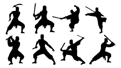 set of kungfu silhouette vector on tranparent background