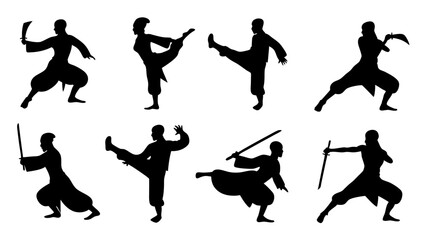set of kungfu silhouette vector on tranparent background