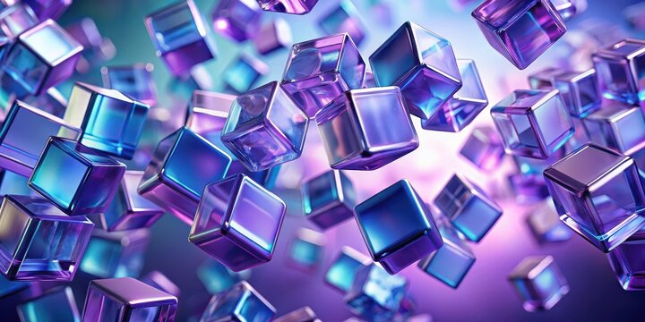 A cluster of translucent glass cubes in shades of blue and purple suspended in mid-air, with gentle concentric rings forming around them , purple, falling objects