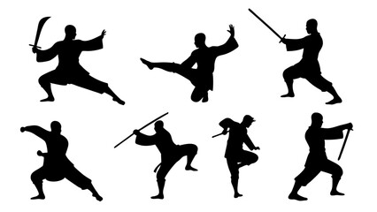 set of kungfu silhouette vector on tranparent background