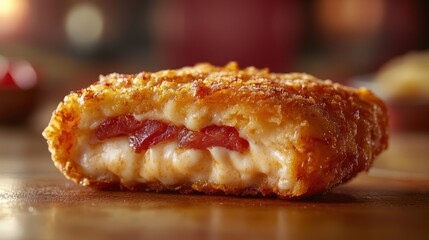 Fried food item with cheese and meat filling on a wooden surface.