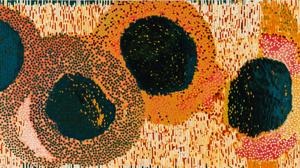 Abstract circular patterns in vibrant orange and black hues with a cosmic feel on a textured background