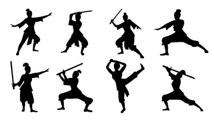 set of kungfu silhouette vector on tranparent background