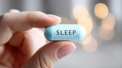 Close-up of a hand holding a blue sleep pill with text SLEEP against a blurred background