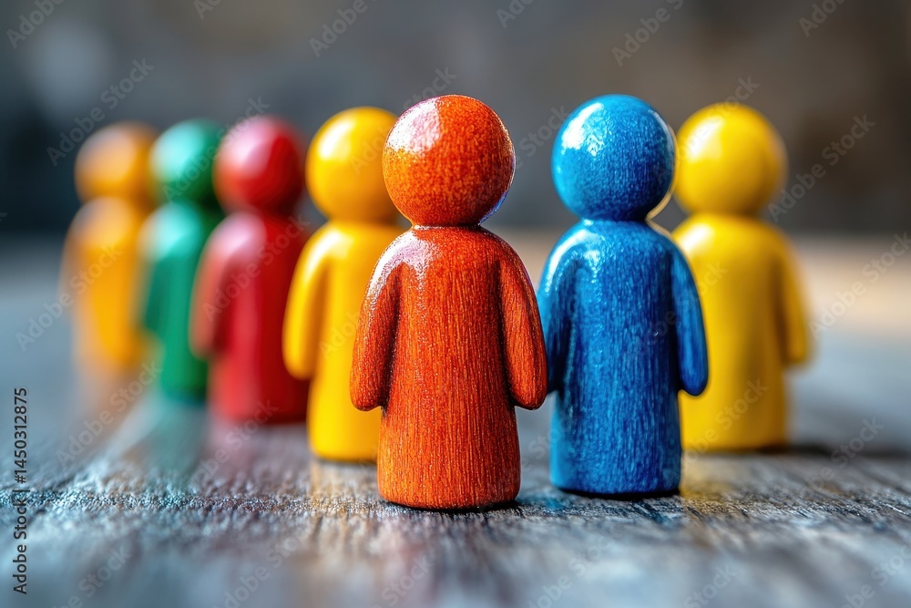 Poster colorful wooden figures representing diversity and teamwork, standing together on a wooden surface e