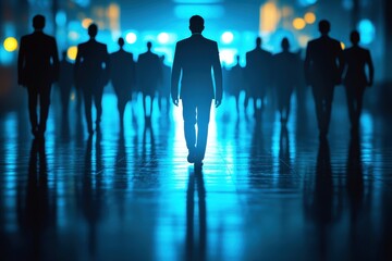 Silhouette of Business Professionals Walking Towards Bright Light in Urban Environment with Dramatic Blue Tones and Low Perspective View