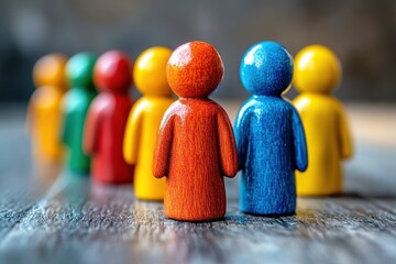 Colorful wooden figures representing diversity and teamwork, standing together on a wooden surface emphasizing unity and collaboration in a creative setting