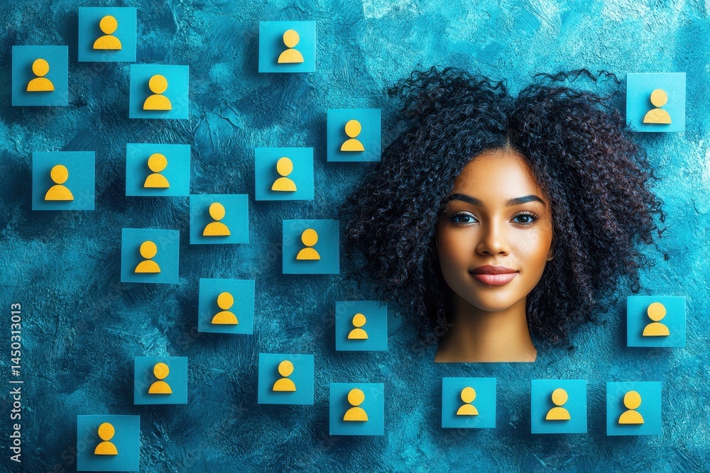 Poster portrait of a confident woman surrounded by abstract user icons on a textured blue background, symbo