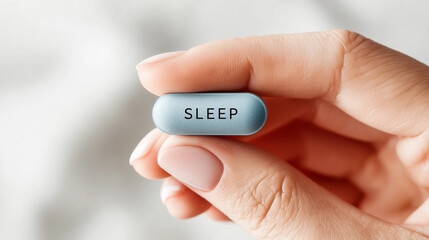 Hand holding a blue sleep pill labeled SLEEP against a soft-focus background