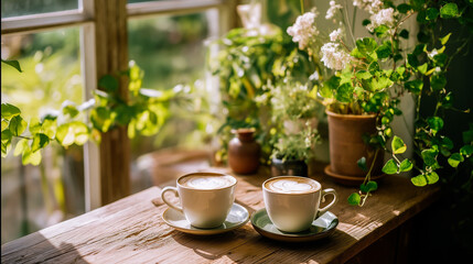 Wooden table with two white cups, potted plants, and greenery in a bright, natural setting