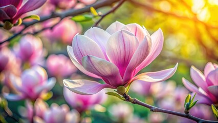 A delicate pink magnolia flower blooms in a vibrant spring garden, its petals unfolding like tiny wings, revealing intricate details and soft hues , delicate, spring flowers