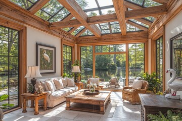 Fototapeta premium Sunroom with large windows, wooden beams, glass roof, oak coffee table, swan statue, and natural light in a New England setting.