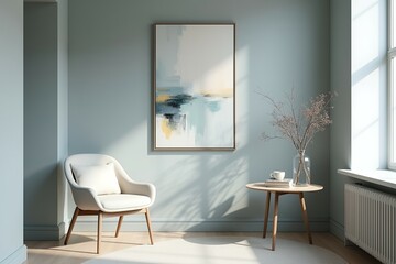 Serene room featuring abstract art piece