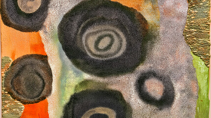 Abstract circular patterns in earthy tones with a textured, stone-like background