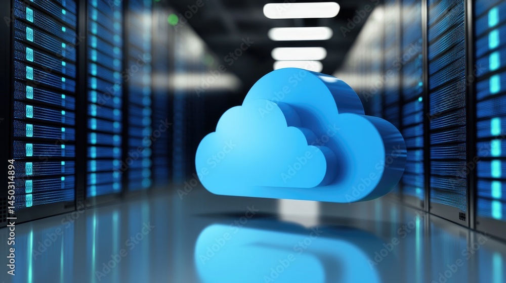 Poster 3D rendering of glowing cloud icon in a data center with illuminated blue servers, ideal for cloud computing concepts, IT service ads, and digital storage visuals